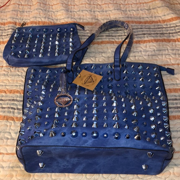 Traci Lynn Handbags - Blue Studded Tote and matching Clutch